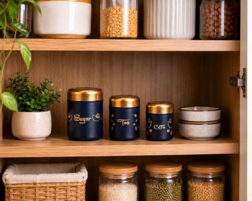 Premium Tea Sugar Coffee Canister Set of 3, Modern Blue Colour with Golden Lids, Stainless Steel Matte Storage Jars, Ideal for Gifting, Dishwasher Safe